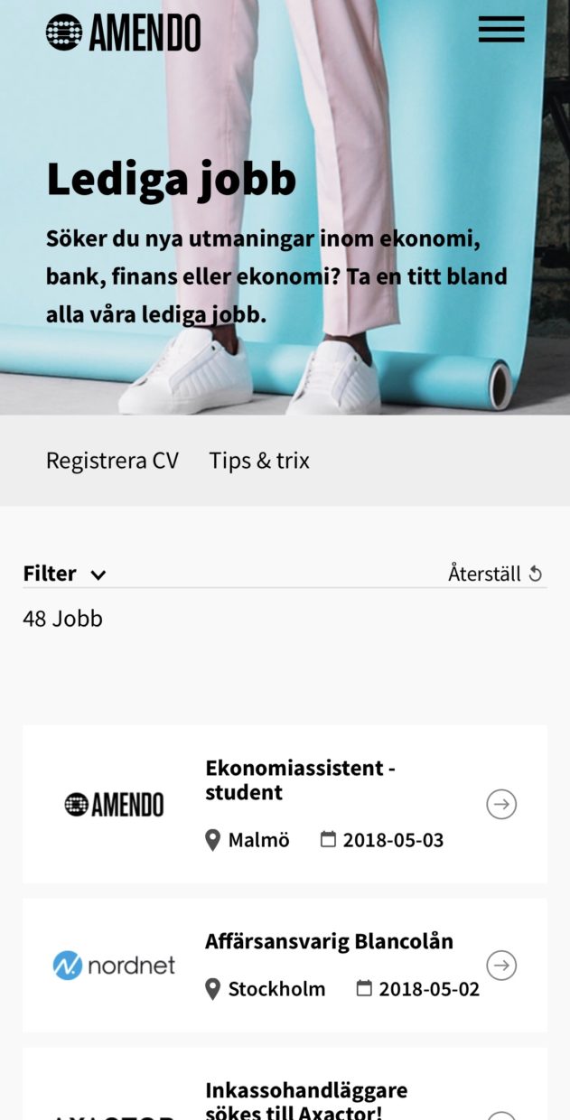 Sida med lediga jobb på Amendo.se.
