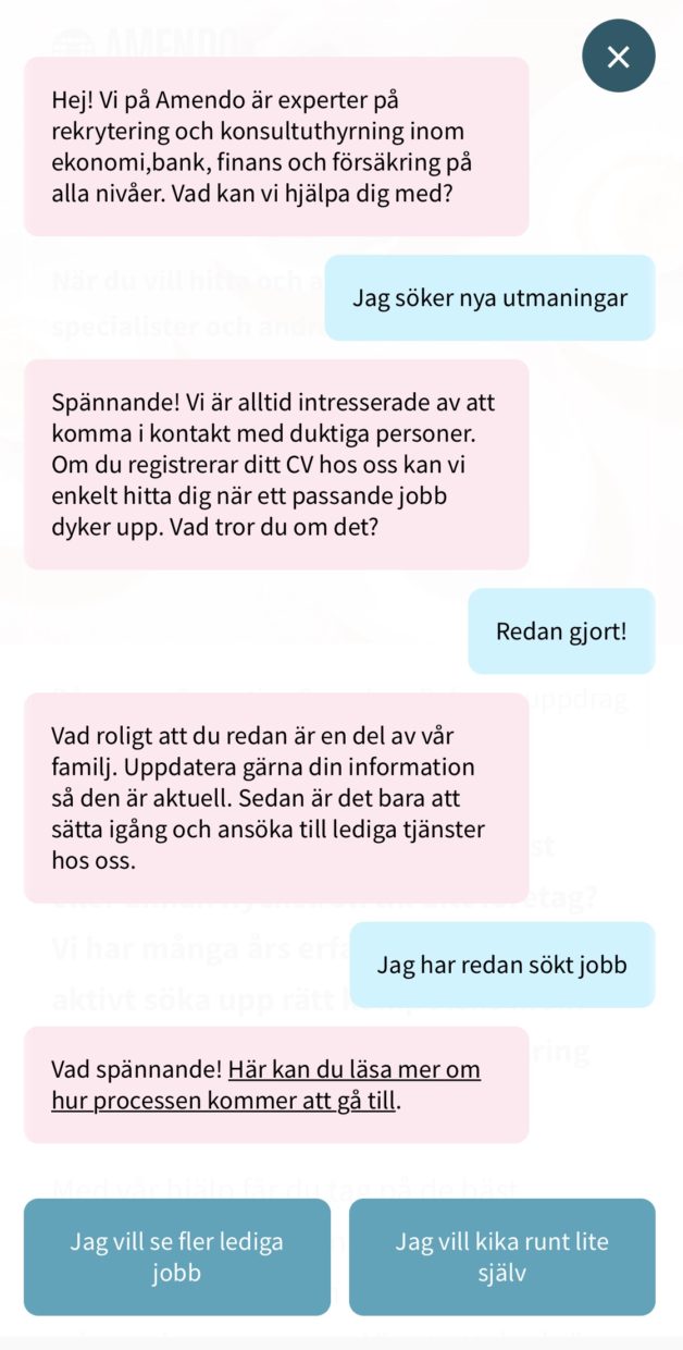 Chatbot på Amendo.se - visar chat för arbetssökande
