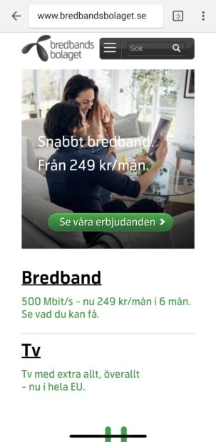 Bredbandsbolaget.se startsida i mobil enheta