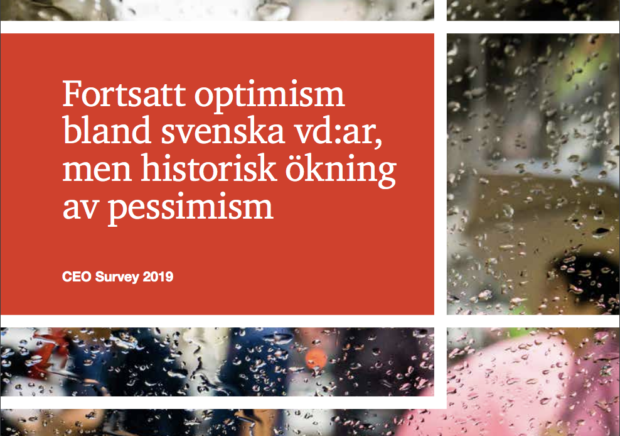 Framsidan på PwC:s rapport CEO Survey 2019 - Fortsatt optimism bland svenska vd:ar, men historisk ökning av pessimism